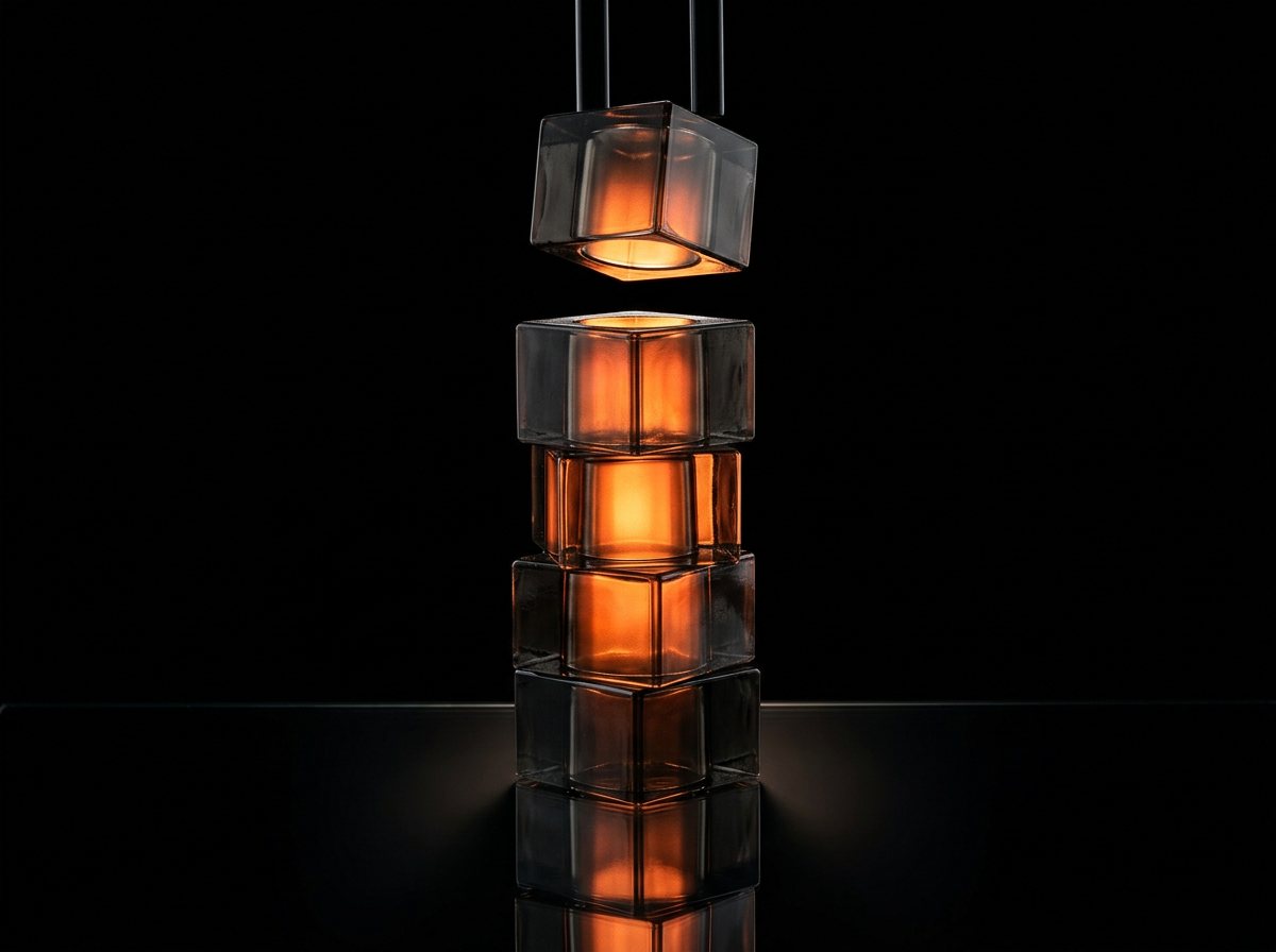 Glass blocks lit from inside, stacked into a tower