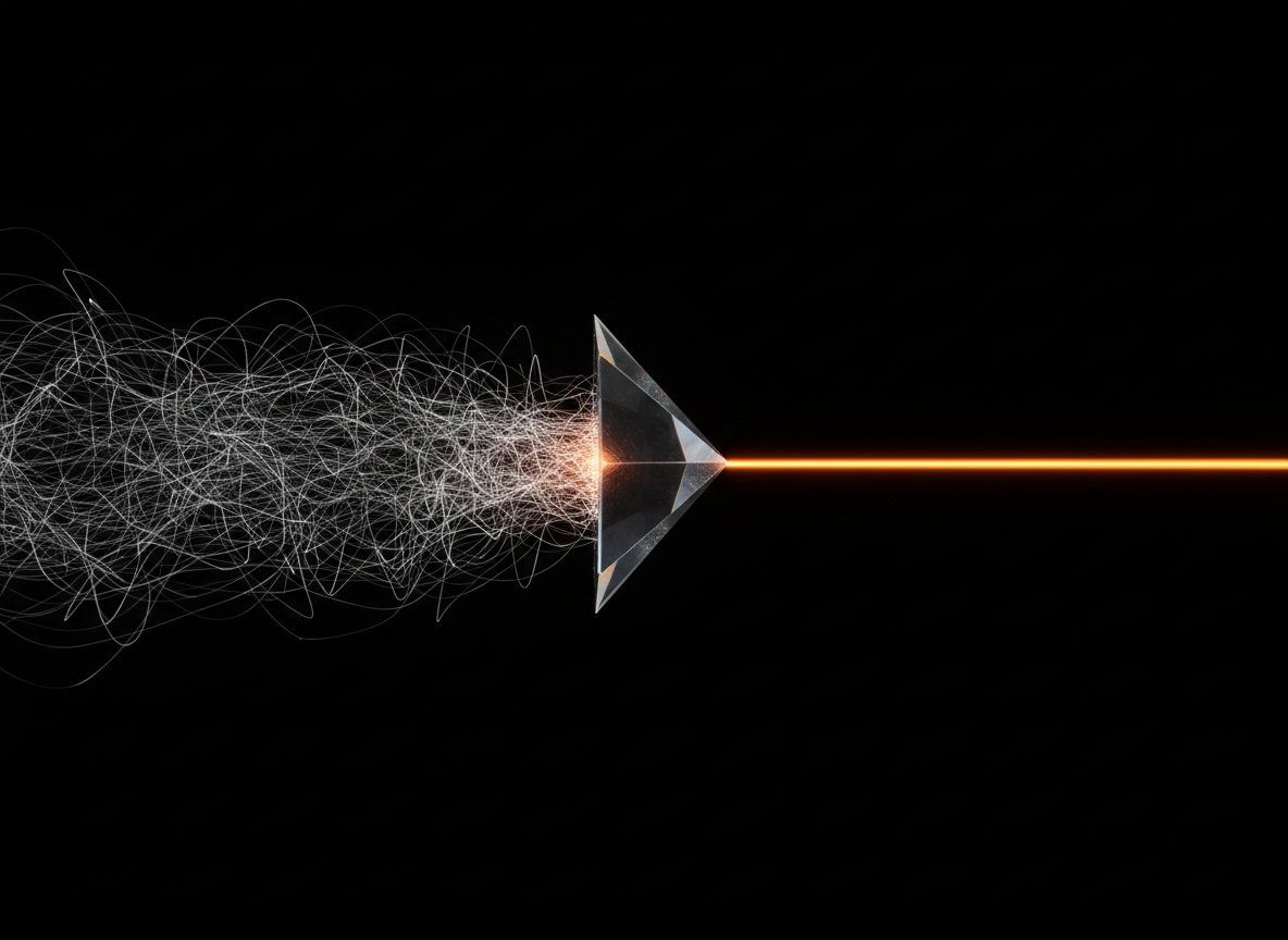 A glass prism turning tangled threads into one clean beam