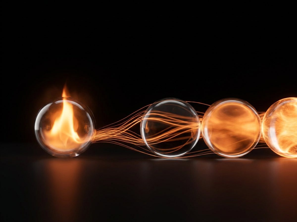 An ember flame passed from one glass sphere to the next, lighting each one up